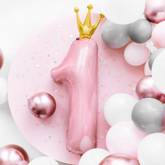 Balon broj - 1, pastelno roze sa krunom