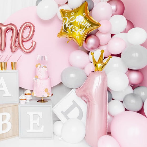 Balon broj - 1, pastelno roze sa krunom