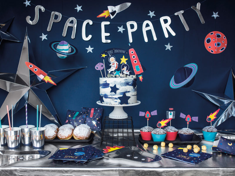 Banner Space party, napis na vrvici. Dekoracija za najboljšo vesoljsko zabavo.
