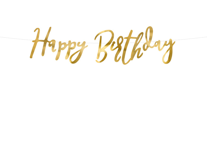 Banner napis Happy birthday, zlat. Dekoracija za najboljšo rojstnodnevno zabavo.