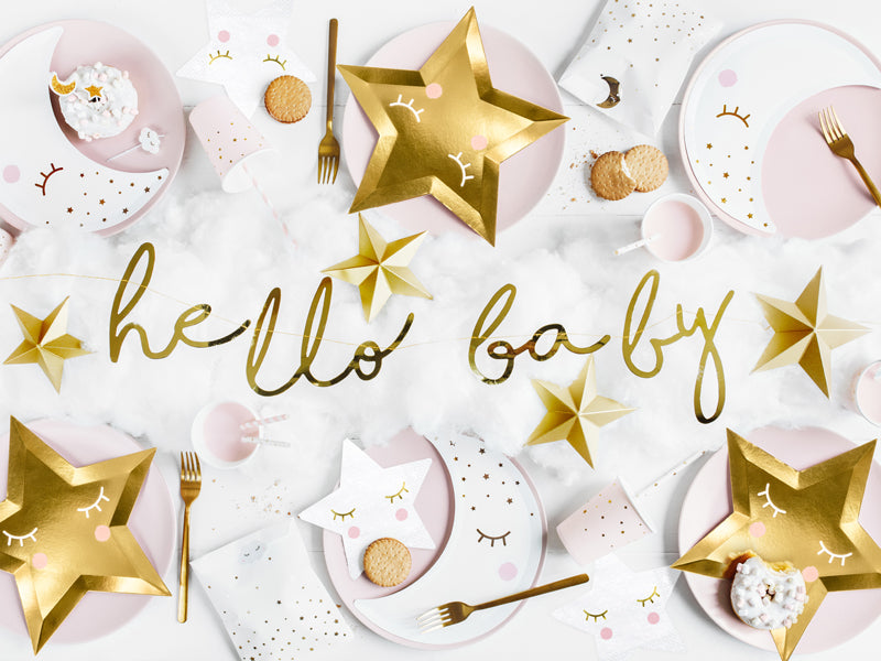 Banner napis Hello baby, zlat viseč napis. Dekoracija za najlboljši baby shower