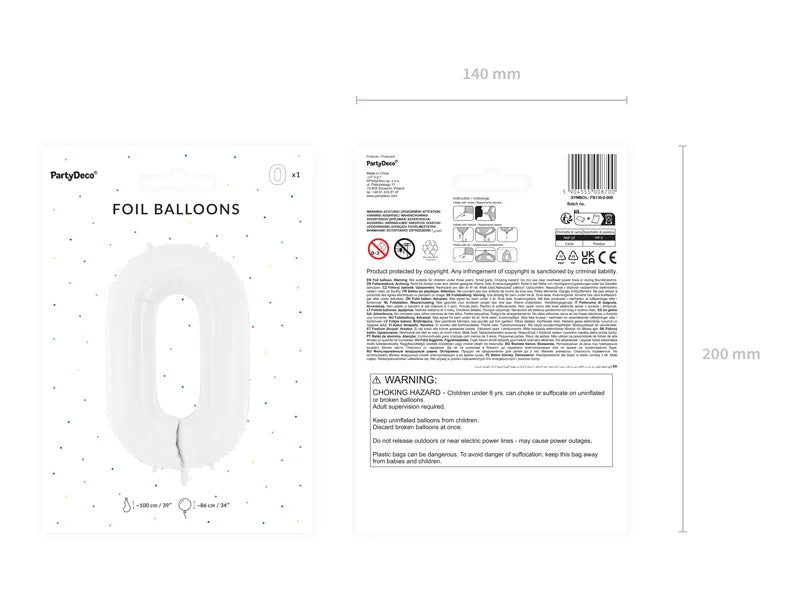 Balon broj - 0, bijeli, 86 cm