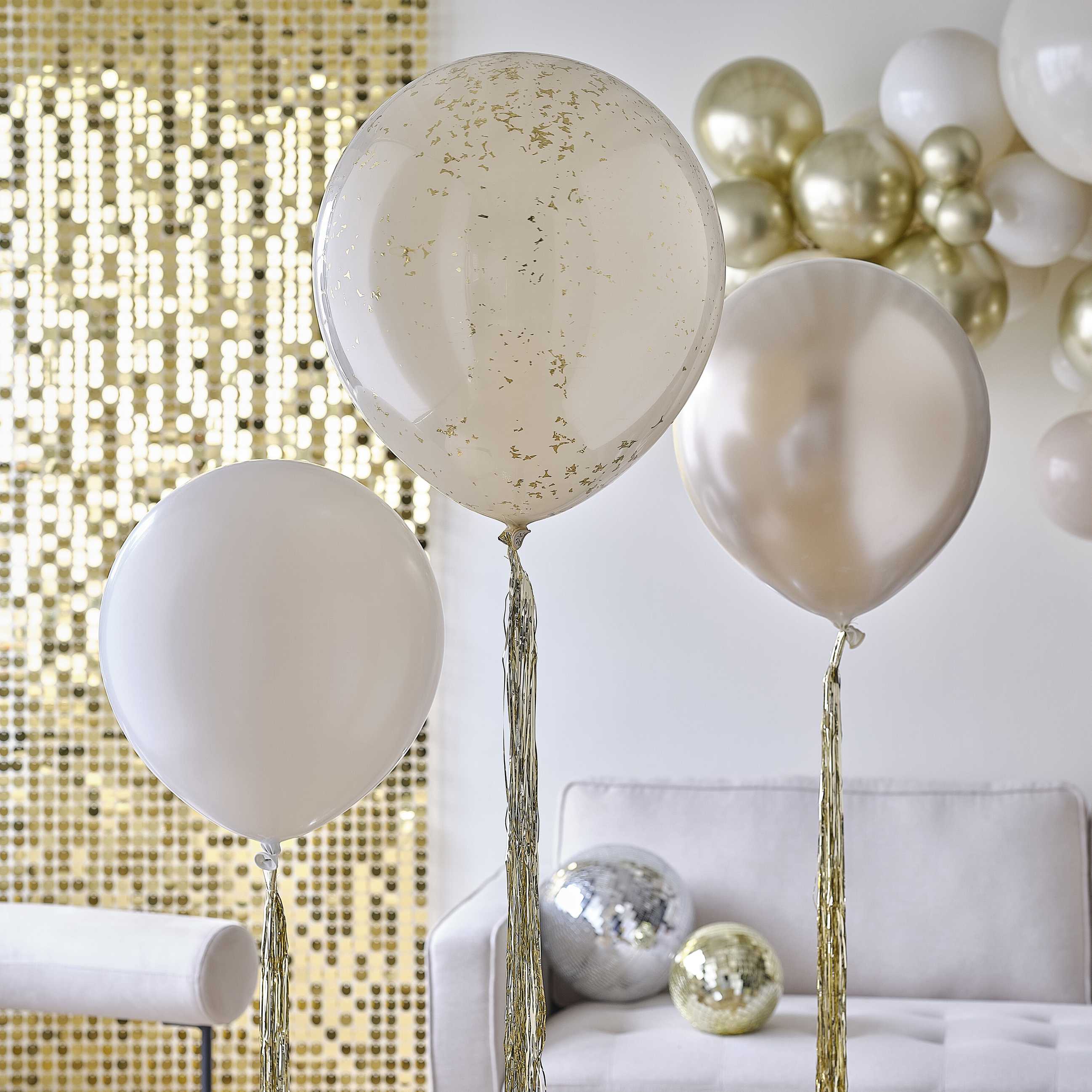 Baloni s konfetima Ginger Ray - Neutral & Gold sa zlatnim repovima