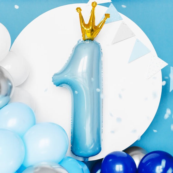 Balon broj - 1, pastelno plave boje sa krunom