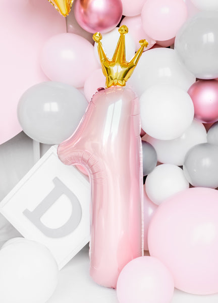 Balon broj - 1, pastelno roze sa krunom