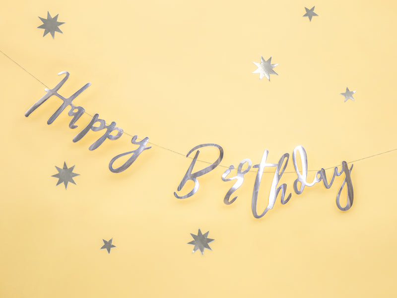 Banner viseč napis Happy Birthday srebrne barve, dekoracija za najboljšo rojstnodnevno zabavo.